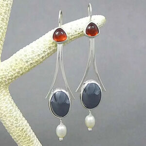 Silver Vintage Handmade Boho Geometric Stone Dangle Earrings